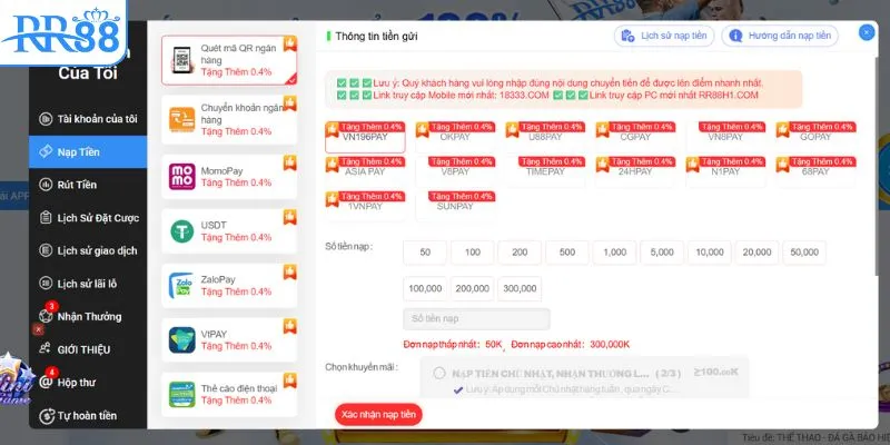 Hướng dẫn RR88 với các bước nạp tiền